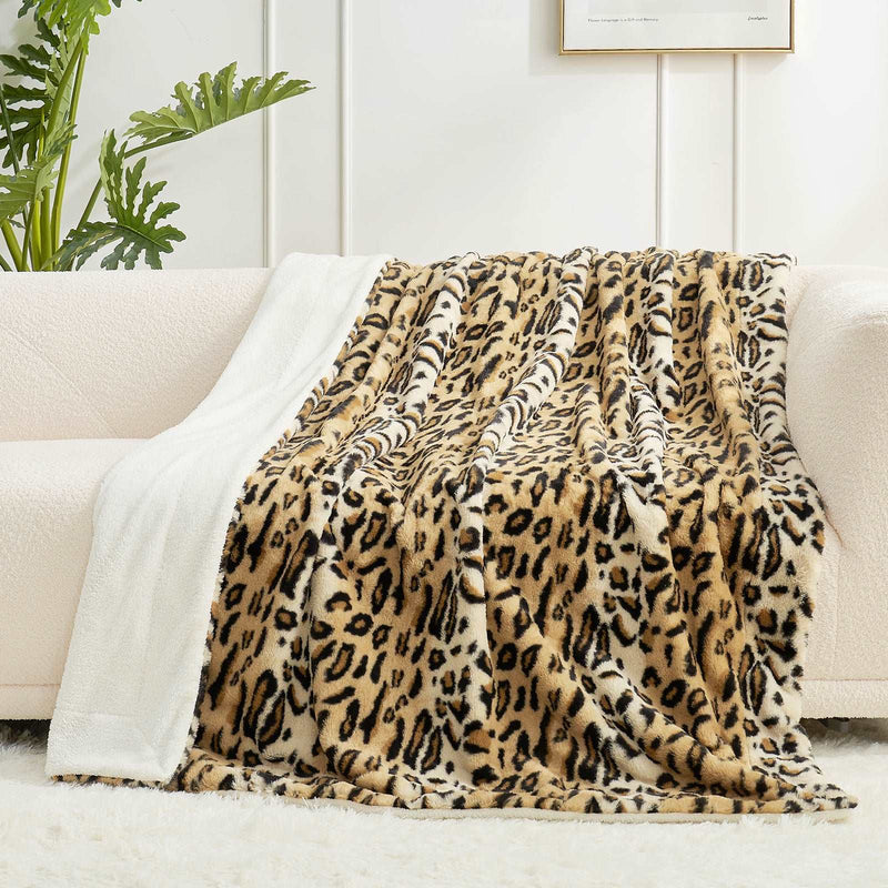 ZUZT Leopard Print Faux Fur Throw Blanket  Double-Sided  Polyester Plush Fleece Blanket for Sofa and Bed