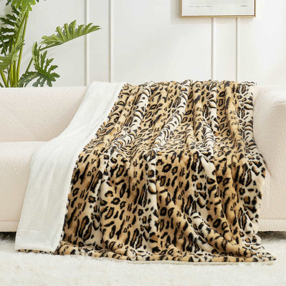 ZUZT Leopard Print Faux Fur Throw Blanket  Double-Sided  Polyester Plush Fleece Blanket for Sofa and Bed