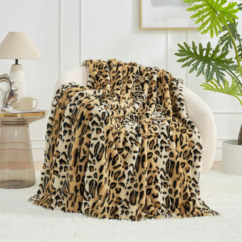 ZUZT Leopard Print Faux Fur Throw Blanket  Double-Sided  Polyester Plush Fleece Blanket for Sofa and Bed